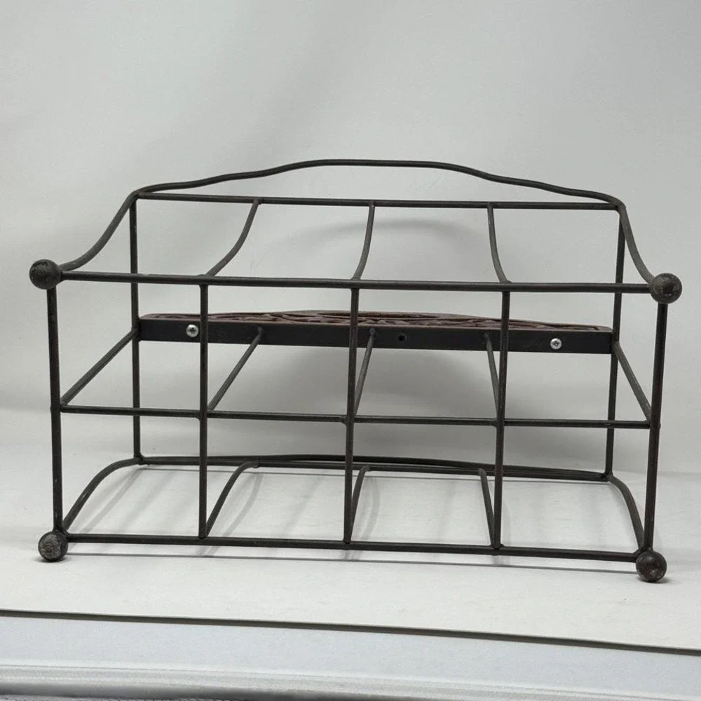 Vintage Carved Wood and Metal Wire Magazine Rack Scrollwork Handle Brown